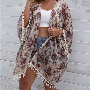 SHEIN Floral Kimono Cardigan - Beige and Burgundy
